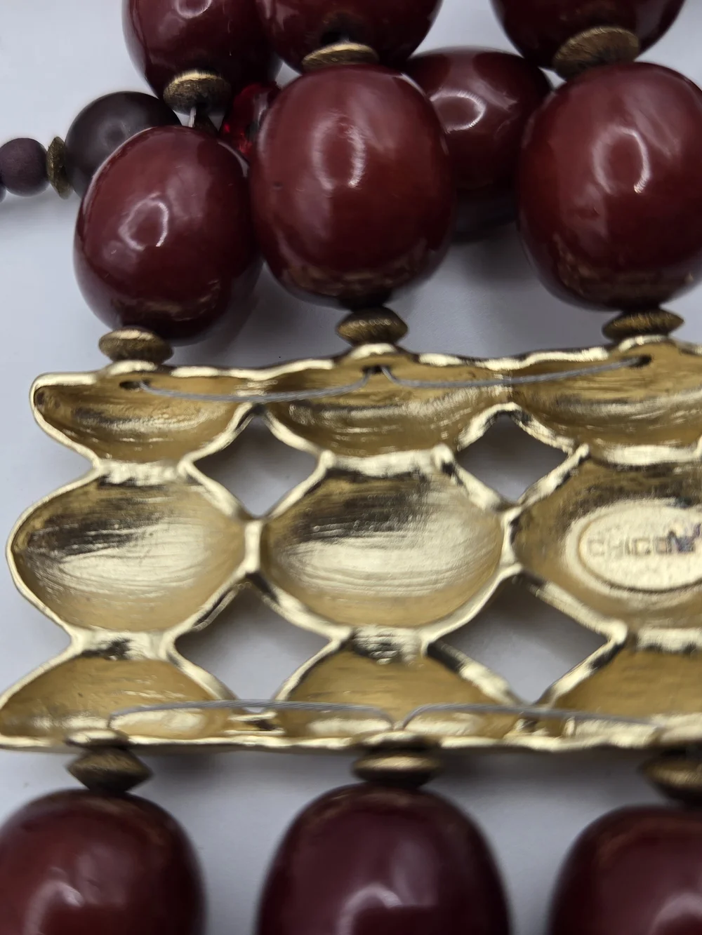 Chico's MultiStrand Burgundy Red Gold Statement Necklace Tribal Focal Chunky Bib